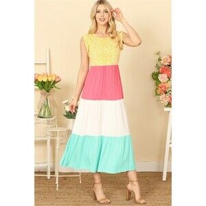 Beeson River Ruffle Tri-color-Leopard Cross-Pattern Colorblock Tiered Maxi Dress